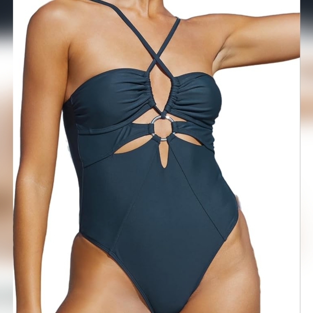 CUPSHE Women's One Piece Swimsuit Plunge Neck Cutout High Cut O Ring - L NWT